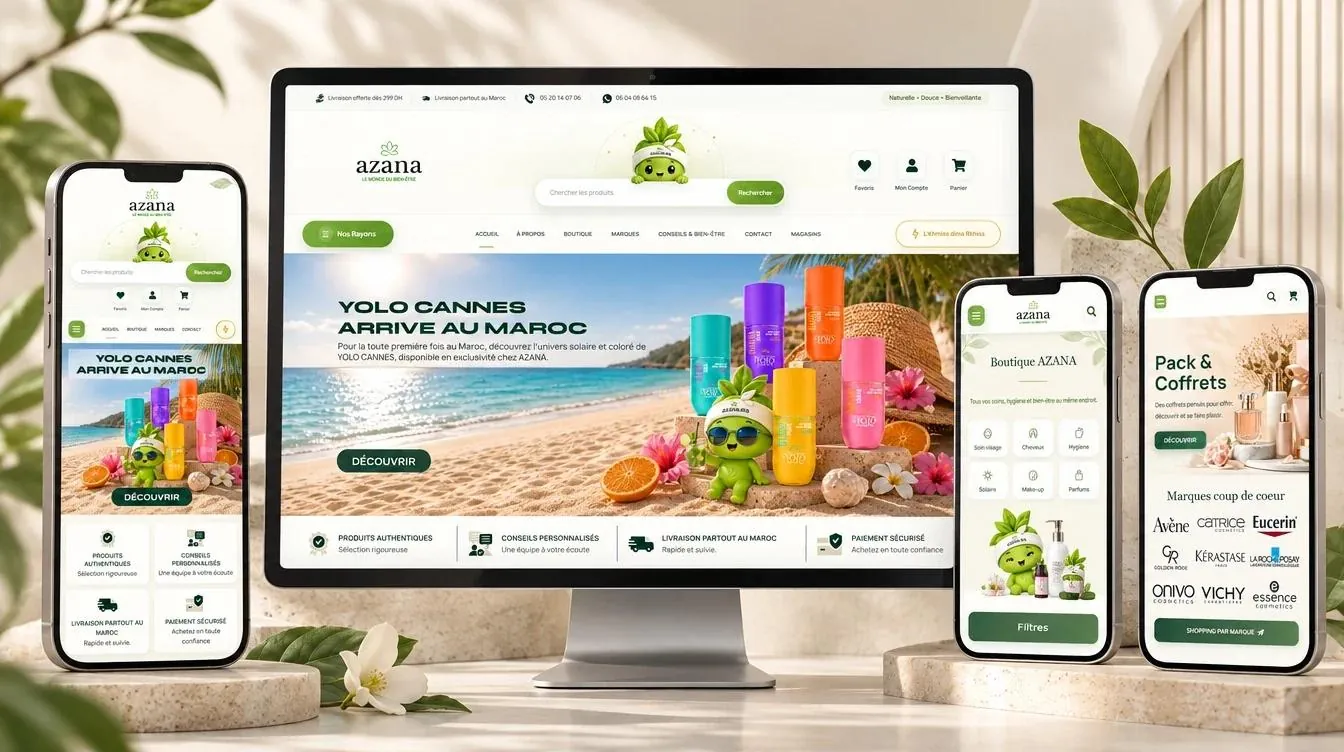 AZANA: refonte du site e-commerce présentée sur écran, portable et mobile